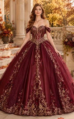 Robe de bal de princesse bordeaux à épaules dénudées et en dentelle brodée or pour quinceañera
