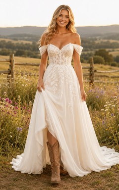 Robe de mariée de maternité en tulle dentelle à épaules dénudées et manches longues avec traîne appliquée