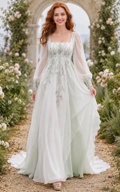 Celadon Whispered Bridal A-Line Square Long Sleeve Chapel Train Bohemian Romantic Gown