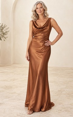 Vestido de noche formal largo hasta el suelo, sin mangas, con escote drapeado y corte tubo, de satén color cobre.