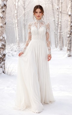 Robe de mariée en mousseline à col montant et manches longues, motif forêt enneigée