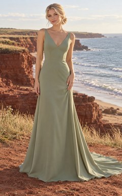 Schlichtes, salbeigrünes Brautkleid aus Crêpe mit V-Ausschnitt, ärmellosem Oberteil und A-Linien-Schleppe