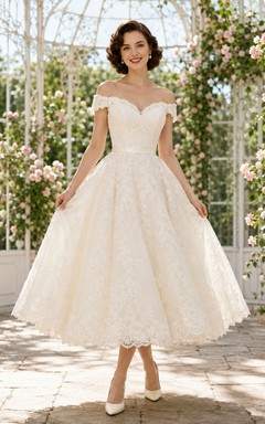 Vintage Romantic Off Shoulder Short Sleeve Lace Tea Length Ball Gown Wedding Dress