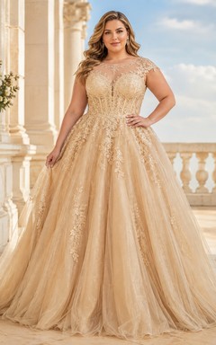 Vestido de gala de lujo de tul color champán con mangas cortas, talla grande.
