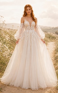 Robe de mariée en tulle trapèze à épaules dénudées et corsage en dentelle