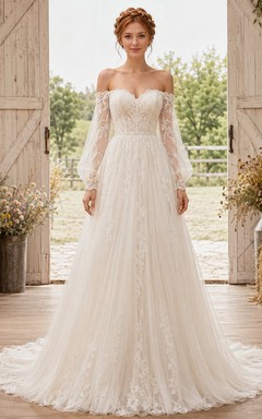 Vestido de novia bohemio de corte capilla con mangas largas abullonadas de encaje y hombros descubiertos
