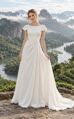 Vestido de novia sencillo y modesto con escote barco, mangas cortas y corte en A.