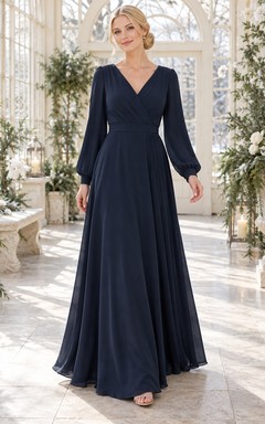 Vestido de dama de honor de gasa azul medianoche con escote en V y mangas abullonadas largas