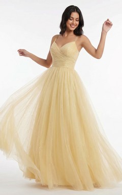 Robe de bal en tulle à paillettes couleur jonquille, coupe trapèze, bretelles spaghetti doubles
