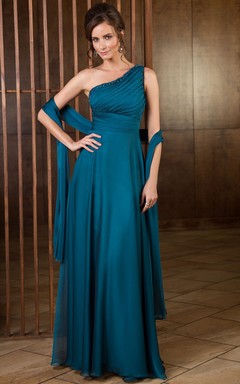 Langes, einseitig schulterfreies A-Linien-Kleid für die Mutter der Braut mit Schal und Pailletten