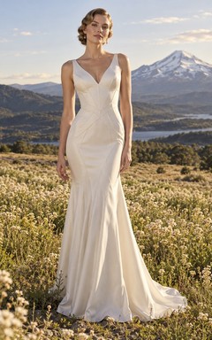 Vestido de novia sencillo de satén de algodón sin mangas con escote en V y corte sirena, con detalles de costura angular.