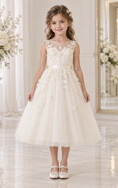Tea-length Ivory A-line Floral Lace Tulle Sleeveless Illusion Flower Girl Dress