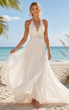 Bohemian Halter Lace Chiffon Wedding A Line Sleeveless Chapel Train Beach