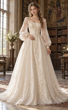 Vintage Renaissance Square Neck Long Poet Sleeve Lace Wedding Dress