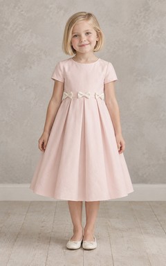 Simple Modest Blush Tea-length Short Sleeve Small Bow Gently Pleated Flower Girl Dress