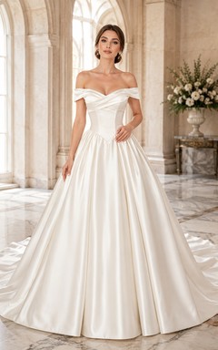 Robe de mariée en satin, robe de bal, épaules dénudées, manches courtes, traîne chapelle