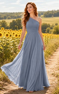 Steel Blue Chiffon A-Line One-Shoulder Sleeveless Pleated Open Back Floor-Length Bridesmaid Dress