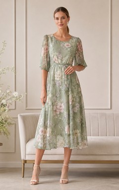 Robe midi trapèze en mousseline à col rond et manches courtes, ornée d'un motif floral sauge, idéale pour les futures mamans.