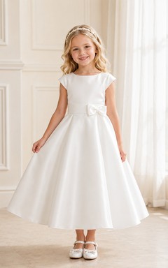 Flower Girl Dress Ivory Satin A-Line Jewel Neck Tea Length Bow Detail