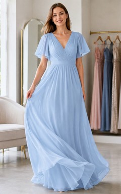 Vestido formal de gasa azul cielo con escote en V y manga corta, corte en A