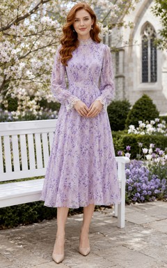 Lavender Floral Long Sleeve High Neck Midi Easter Dress