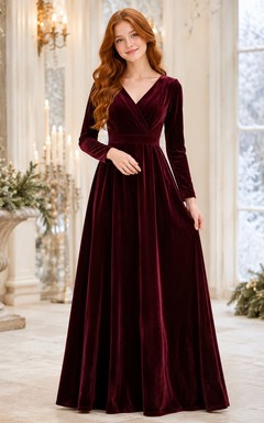 Robe de demoiselle d'honneur junior bordeaux, coupe trapèze, col en V, manches longues, velours luxueux