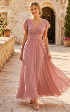 Romantic Dusty Rose V Neck Flutter Chiffon A Line Bridesmaid Gown