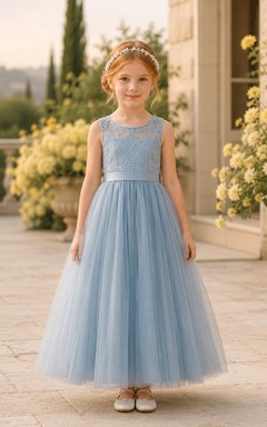Flower Girl Dress Sky Blue Lace Tulle A-Line Jewel Neck Tea Length