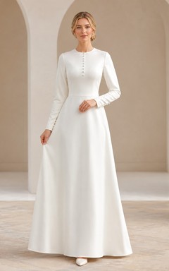 Vestido de manga larga blanco con escote joya y corte en A, estilo templo mormón.