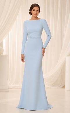 Modest Sky Blue Bateau Long Sleeve Crepe Mermaid Floor-Length Formal Gown