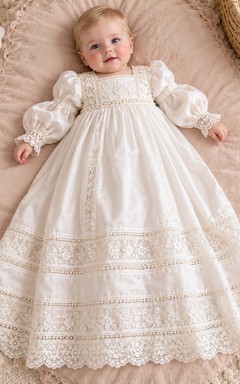 Long Sleeve Square Neck Ivory Satin Lace Panel Baptism Gown