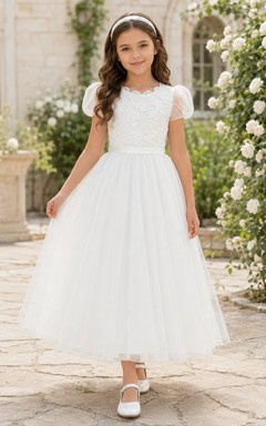 Teelanges Kleid mit Puffärmeln, Spitzenoberteil und Tüll, Kommunionskleid für Blumenmädchen, Blumenmädchenkleid