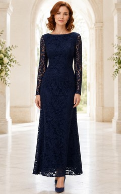 Navy Long Sleeve Lace Jewel Neck Ankle Length Sheath Dress