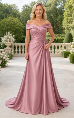Altrosafarbenes, schulterfreies A-Linien-Kleid aus Satin mit Schleppe