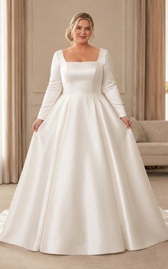 Plus Size Langarm-Ballkleid aus Satin mit eckigem Ausschnitt, schlichtes Hochzeitskleid