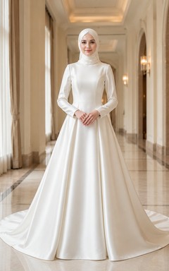 Simple Muslim Long Sleeve Satin Ball Gown Chapel Wedding Dress