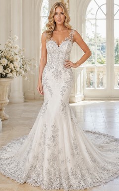 Gray Lace Mermaid Bridal V-neck Straps Sleeveless Floor-length Sweep Train Elegant Dress