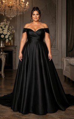 Plus Size Black Off-the-Shoulder Satin Ball Gown Wedding Dress