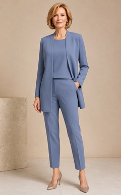 Stahlblauer, moderner, knöchellanger Crêpe-Hosenanzug mit schmal zulaufendem Bein, offenem, langem Blazer, Rundhalsausschnitt und Taschen – perfekt für die Mutter der Braut.
