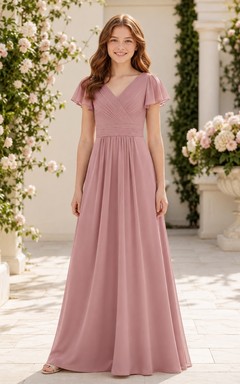 Brautjungfernkleid in Altrosa, A-Linie, V-Ausschnitt, kurze Blütenblattärmel, Chiffon, schlicht