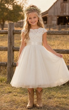 A-Line Flowergirl Lace Tulle Tea-Length Cap Sleeve Ranch Wedding Dress