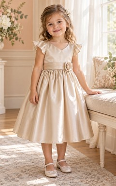Teelanges, schlichtes champagnerfarbenes Sommerkleid in A-Linie aus Satin mit flatternden Ärmeln und Rosetten-Taille für Blumenmädchen