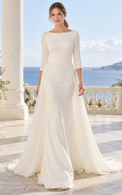 Simple Modest Bateau Three-quarter Sleeve Smooth A-line Train Wedding Dress