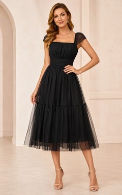 Black Cap Sleeve Square Neck Tiered Tulle Tea-Length A-Line Guest Cocktail Dress