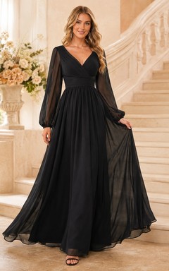 Black Romantic Elegant V-Neck Long-Sleeve Chiffon Draped A-Line Floor-Length Prom Dress
