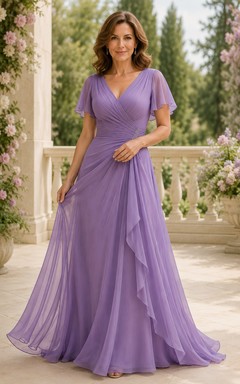 Lila Chiffon-Kleid in A-Linie mit V-Ausschnitt und Volantärmeln