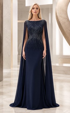 Dark Navy Cape Sleeve Beaded Sheath Evening Dress with Rhinestone Bodice and Floor Length Skirt