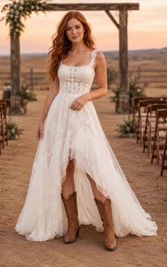 Western Rustic Straps Lace Tulle A-Line Wedding Dress