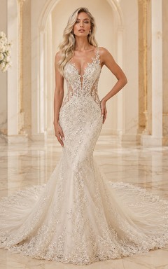 Robe de mariée sirène en dentelle botanique, col en V, sans manches, traîne cathédrale