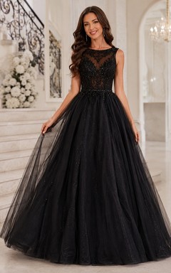 Black Illusion Sleeveless Lace Ball Gown Floor-length Tulle Romantic Luxury Evening Dress